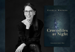 Gisela Heffes with the cover to her book in translation Crocodiles at Night