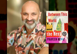 A photograph of Praveen Herat with the cover to his book Between This World and the Next