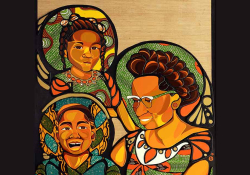 A detail from the anchor image below. A highly stylized illustration of three dark-skinned women in hats.