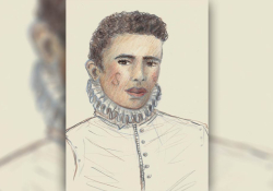 An illustration rendered in colored pencil of an androgynous figure in period dress