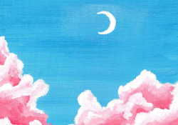 A painting of a crescent moon hovering above pink clouds