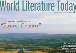 A detail of the cover to the July issue of WLT. Text reads: World Literature Today. 11 Favorite Bookstore from “Flyover Country”. 