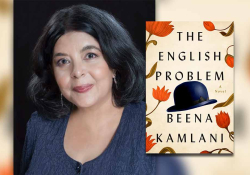 A photo of Beena Kamlani with the cover to her book The English Problem