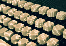 Digital numbers projected onto a computer keyboard