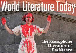 A detail of the Mar 23 cover to WLT. A woman in a white dress that is spattered in red paint holds her hands above her head.