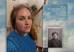 Julie Masis with the cover to her book How My Grandfather Stole a Shoe