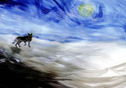 A painting of a dog standing on a cloud