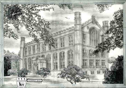 A black and white illustration of a gothic style building