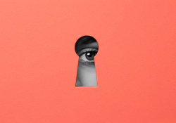 An eye, rendered in black and white, peers through a keyhole shape in a salmon colored rectangle