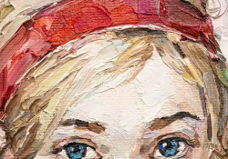 A detail of an oil painting of a woman's face, showing on her eyes and forehead.