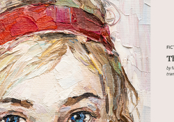 A detail of an oil painting of a woman's face, showing on her eyes and forehead.