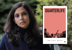 A photograph of Devika Rege with the cover to her book Quarterlife