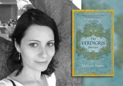 A photograph of Mariana Sabino with the cover to her book The Verdigris Stories