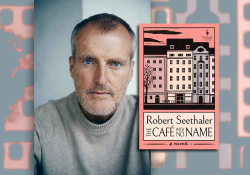 A photograph of Robert Seethaler with the cover to his book The Cafe with No Name