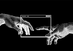 An black and white, 8-bit recreation of Michaelangelo's The Creation of Man, close-up on the touch between God and Adam, which now occurs in a desktop window