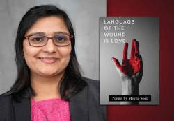 Megha Sood with the cover to her book Language of the Wound Is Love