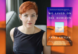 A photograph of Erika Swyler with the photograph to her book We Live in the Horizon