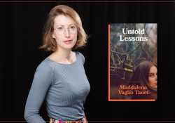 A photograph of Maddalena Vaglio Tanet with the cover to her book Untold Secrets