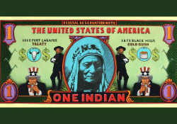 A graphic designed like a US Dollar. In the center, a Native America in headdress is pictured.