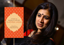 A photograph of Arundhathi Subramaniam with the cover to her book Eating God