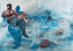 A diptych painting with two abstracts figures in a liquid landscape with heads floating in it