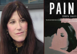 A photo of author Zeruya Shalev juxtaposed against the cover to her book Pain