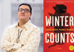 A photograph of David Weiden juxtaposed with the cover to his book Winter Counts