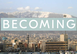 A photograph of the Tehran city skyline with the logo of Michelle Obama's book Becoming hovering just above the buildings