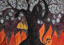 An illustration of a tree with flames around its root. The faces of people populate the branches like fruit