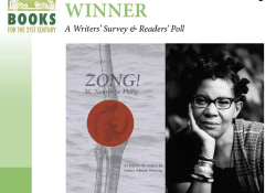 A photograph of M. NourbeSe Philip juxtaposed with the cover to their book Zong! set inside the WLT 21 Books of the 21st Century logo dress