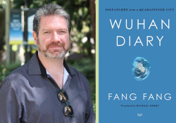 A photograph of translator Michael Berry juxtaposed with the cover to Fang Fang's Wuhan Diary