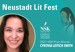 A photograph of Cynthia Leitich Smith inset with the Neustadt Lit Festival logo