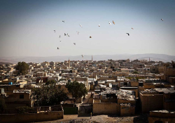 Birds circle in the sky above a city with many stone walls and buildings visible below