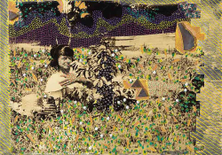 A mixed media image with a sepia toned image of a young African-American woman reclining in a field. The photograph is enhanced with pointillist fields of color