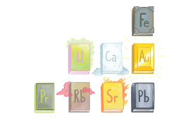 A drawing of books laid out like a portion of the periodic table, each book exhibiting aspects of the element it represents