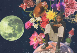 A digitally manipulated image of a young African American boy sitting on the Earth in space with flowers springing up all around him. The moon sits in the background. A detail from Terence Hammonds (American, born 1976), Hope, 2022, HD print on aluminum, 24 x 18 in.