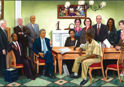 A painting of a number of political figures, including President Barack Obama, meeting with an incarcerated person at the White House