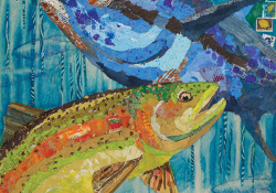 A mixed media painting of a blue and a yellow fish