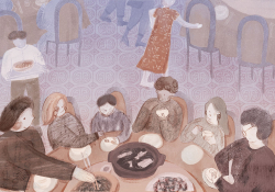 A soft illustration of a family around a table