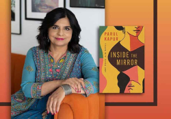A photograph of Sangamithra Iyer with the cover to her book Inside the Mirror