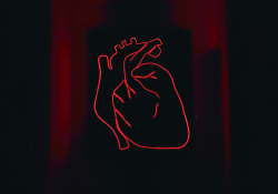 The red neon outline of a heart sits on a black background with crimson frames surrounding the heart