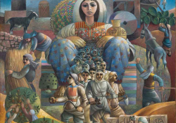 A complex illustration featuring a woman sitting in front of buildings with a throng of people emerging from between her legs