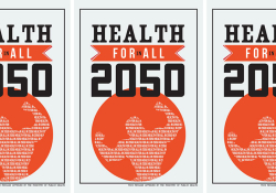 A poster reprints an image of a muscled figure three times with the words "Health for All 2050"