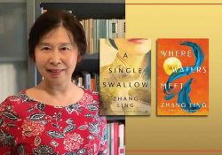 A photograph of Zhang Ling with the cover to her books A Single Swallow and Where Waters Meet