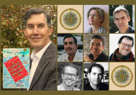 A photo of Daniel Simon, his book jacket, and seven authors who will be reading with him from March 23 to March 27