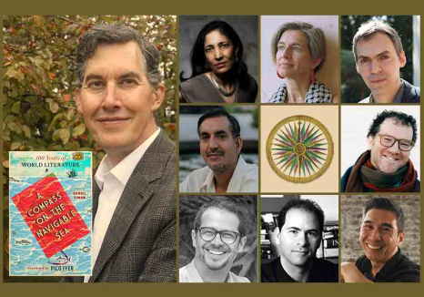 A photo of Daniel Simon, "A Compass on the Navigable Sea" book cover, and eight writers who will be helping launch the book March 23-27