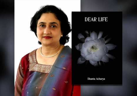 Shanta Acharya with the cover to her book Dear Life