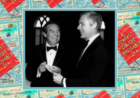 Octavio Paz (left) and William Banowsky holding the 1982 Neustadt Prize silver feather