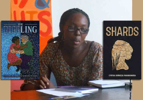 Cynthia Marangwanda with the covers to her books The Toppling and Shards