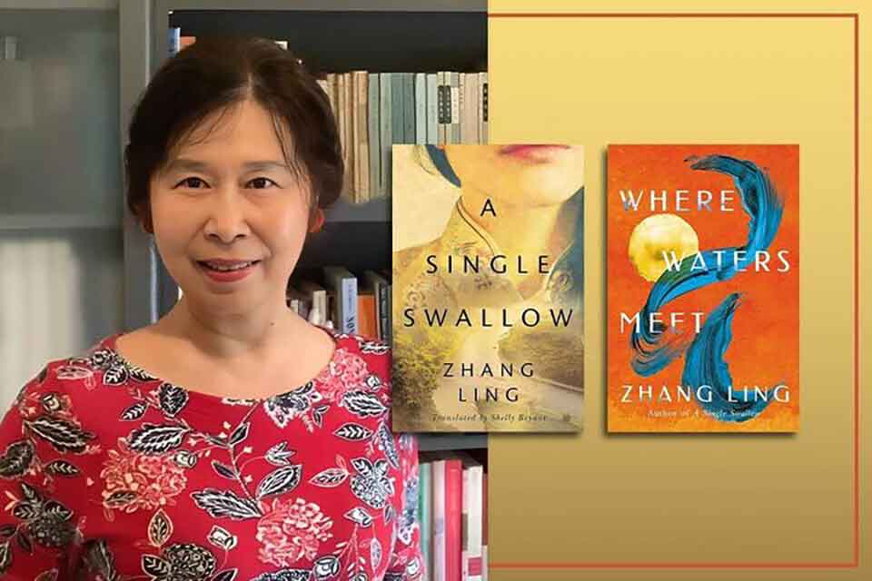 A photograph of Zhang Ling with the cover to her books A Single Swallow and Where Waters Meet